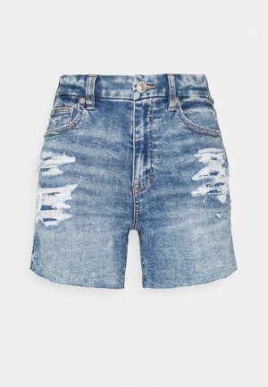 Blauwe denim shorts met verweerde details en rafelige scheuren aan beide voorkanten van de dijen, voorzien van een knoop- en ritssluiting.