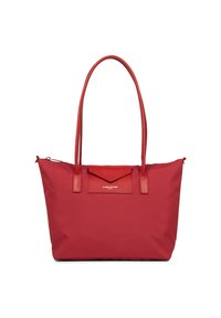 Borsa a tracolla in nylon rosso con doppi manici texturizzati, chiusura con zip e patch con logo frontale. Finitura liscia e forma strutturata.