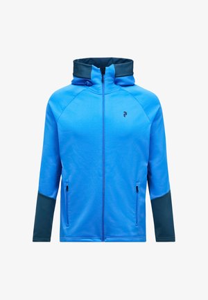 Blauwe rits-hoodie met een hoge kraag, contrasterende donkerblauwe mouwen, twee zijzakken met rits en een klein logo op de borst.