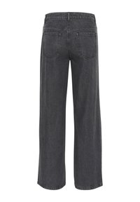 Black denim wide-leg trousers with a high waist and visible back pockets. The fabric has a slightly textured finish.