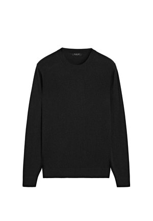 Maglione nero con scollo rotondo, maniche lunghe e polsini a coste. Realizzato in tessuto morbido, presenta un design semplice e un orlo dritto.