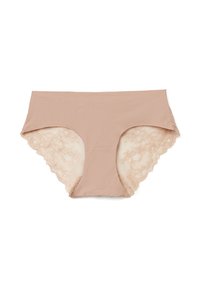 Slip in stile hipster beige con parte frontale liscia e pizzo sul retro, decorato con un motivo floreale. Tessuto elasticizzato per il massimo comfort.