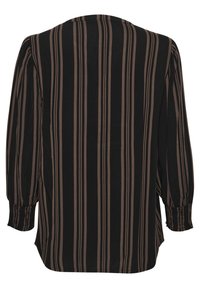 Schwarz-bluse mit braunen vertikalen Streifen, lockere Silhouette, geraffte Ärmel und runder Ausschnitt. Weicher Stoff mit glatter Textur.