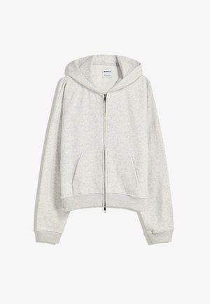Lichtgrijze cropped hoodie van zachte stof; heeft een voorrits, grote capuchon en ribbelboorden aan de mouwen en onderkant; bevat zijzakken.