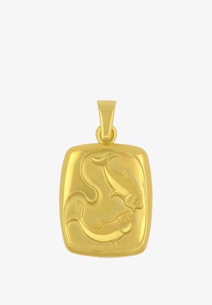 Ciondolo d'oro di forma rettangolare, presenta due disegni di pesci in rilievo, texture liscia e un’anella per appenderlo.