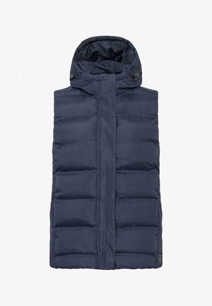Gilet matelassé marine avec un col montant, une capuche et une fermeture éclair à l'avant ; il présente des panneaux matelassés horizontaux et une texture de tissu durable et lisse.