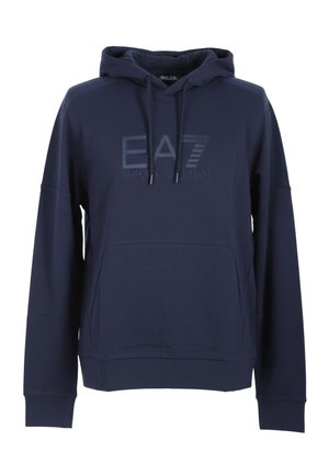 Granatowa bluza z kapturem z przednią kieszenią i haftowanym logo "EA7 Emporio Armani" na piersi.