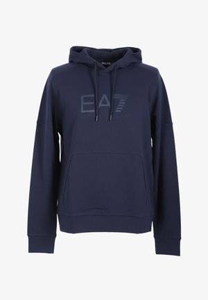 Laivastonsininen hupullinen collegepaita, jossa on etutasku ja "EA7 Emporio Armani" -logo brodeerattu rintaan.