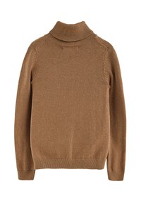 Maglione a collo alto lavorato a maglia marrone con colletto e polsini a coste. Presenta una texture liscia e cuciture minime, progettato per un fit confortevole.