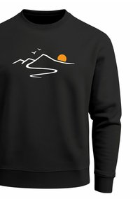 Black sweatshirt with round neck, featuring a white mountain graphic and an orange sun, smooth texture, and ribbed cuffs and hem.