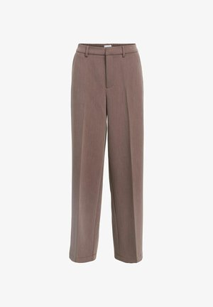 Pantaloni palazzo marroni in tessuto texture, con parte frontale piatta, vita elasticizzata e polsini su misura. Ideali per abbigliamento formale o casual.