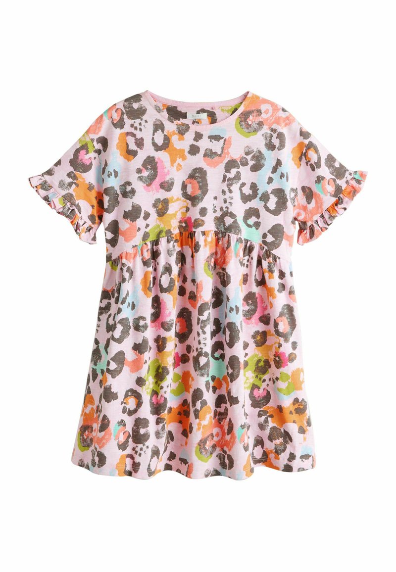 Rövid ujjú ruha pasztell rózsaszínben, narancssárga, zöld és kék leopárdmintával. Deréknál ráncolt és fodros ujjú.