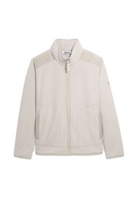 Hellbeige Fleecejacke mit hohem Kragen, Reißverschluss und zwei seitlichen Taschen. Mit braunen Schulterakzenten und kontrastierenden Nähten.