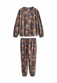 Brunt mønstret lounge-sæt best�ående af en sweatshirt og matchende bukser. Materialet er blødt med grå baggrund og design med Highland-kvæg. Elastiske manchetter.