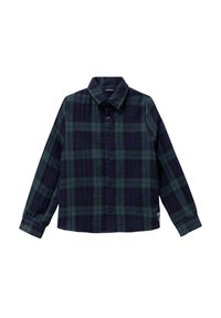 Camicia a scacchi con toni di blu scuro e verde, abbottonatura frontale, colletto a punta e maniche lunghe con polsini abbottonati. Tessuto morbido e testurizzato.