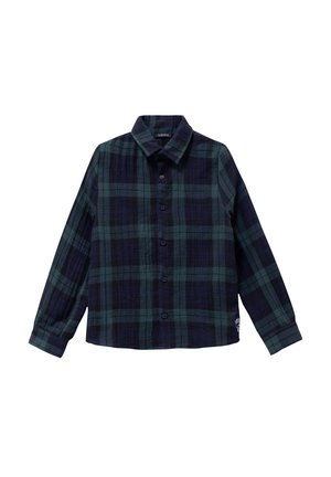 Camicia a scacchi con toni di blu scuro e verde, abbottonatura frontale, colletto a punta e maniche lunghe con polsini abbottonati. Tessuto morbido e testurizzato.
