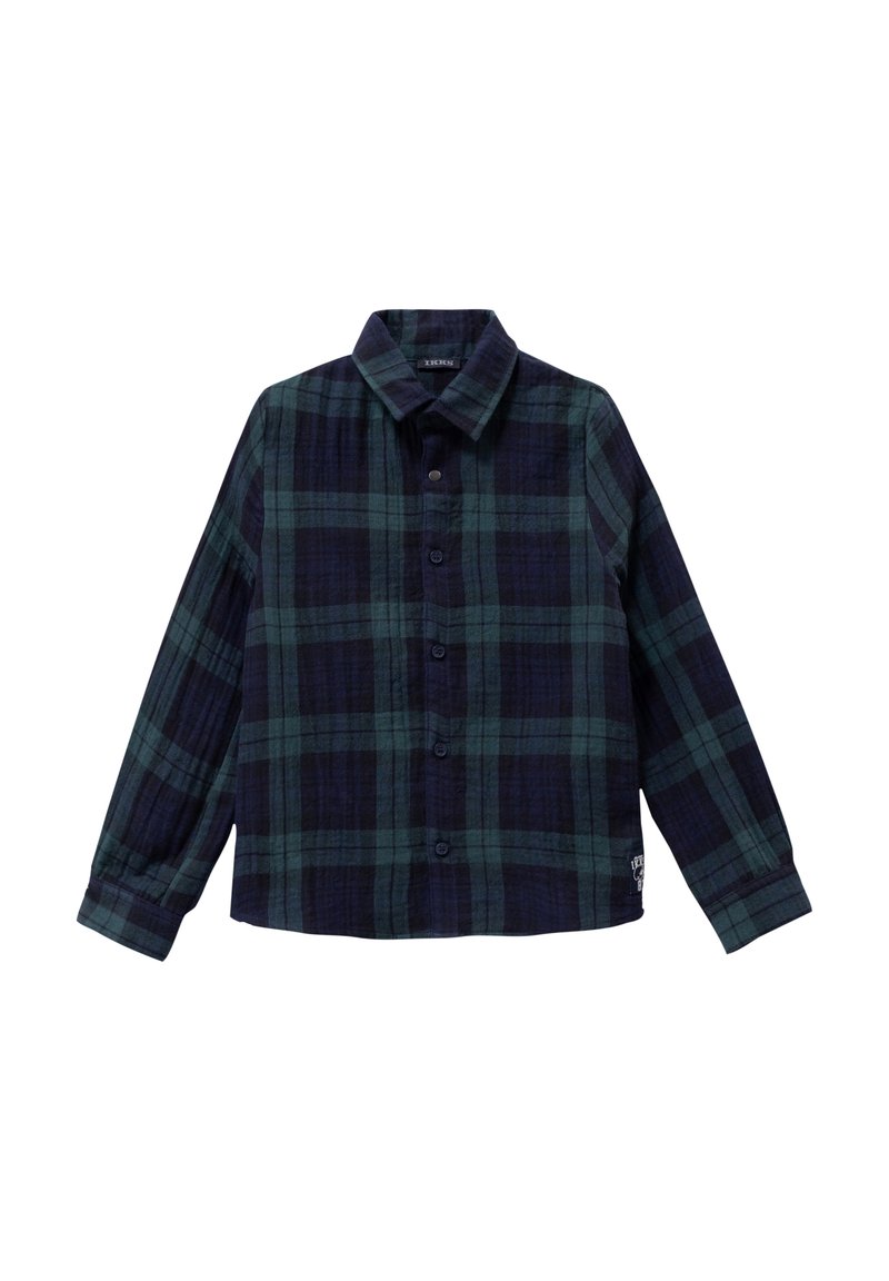 Camicia a scacchi con toni di blu scuro e verde, abbottonatura frontale, colletto a punta e maniche lunghe con polsini abbottonati. Tessuto morbido e testurizzato.