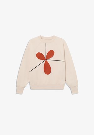 Crème sweatshirt met een groot rood abstract ontwerp met ronde bloembladen en zwarte lijnen. Raglanmouwen, zachte textuur en geribbelde zoom.