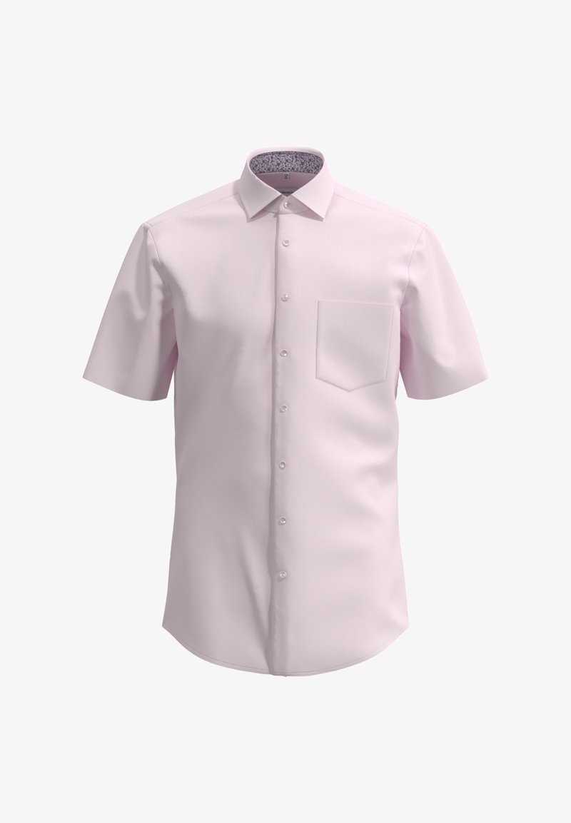 Korte mouwen roze shirt met een knoopjesfront, een enkele borstzak en een gestreepte binnenkraag. Glad stof met een klassieke snit.