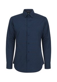 Granatowa koszula z długim rękawem w mały, powtarzający się wzór kolorowych kropek. Posiada kołnierzyk zapinany na guziki oraz guziki z przodu. Gładka struktura materiału.