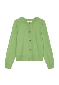 Cardigan verde chiaro realizzato in tessuto morbido. Caratterizzato da un collo rotondo, maniche lunghe e chiusura con cinque bottoni grigi lungo la parte frontale.