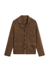 Cardigan marrone peloso abbottonato, con maniche lunghe, tre tasche frontali e un tessuto morbido e testurizzato.