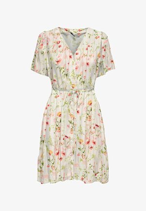 Rochie scurtă albă de vară cu modele florale roz, portocalii și verzi, mâneci scurte, nasturi în față și curea de legat în talie.