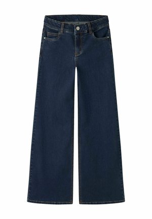 Mørkeblå vidde jeans med frontknap og lynlås, bæltestropper og forlommer på hvid baggrund.