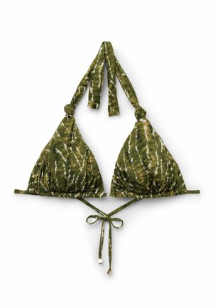 Grønt og hvidt tie-dye trekantet bikinitop med stropper om halsen og bindelukning foran, lagt fladt på en hvid baggrund.