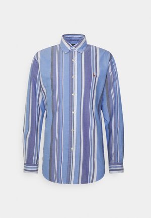 Heren overhemd met lange mouwen en knopen met verticale blauwe, witte en paarse strepen en een button-down kraag.