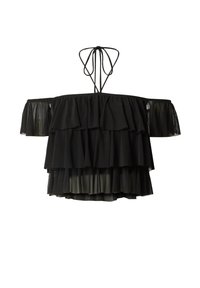 Schwarzes Off-Shoulder-Top mit übereinanderliegenden Rüschen, dünnen Bändern im Rücken und transparenter Textur. Der Saum ist ungleichmäßig geschnitten.