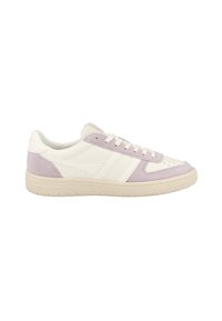 White and lavender sneakers with a smooth leather and suede upper, featuring perforated toe box, lace-up design, and a textured rubber sole.