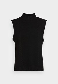 Maglione nero senza maniche con colletto a dolcevita, caratterizzato da dettagli a costine sul colletto e ai lati, con un motivo testurizzato su tutta la tessitura.