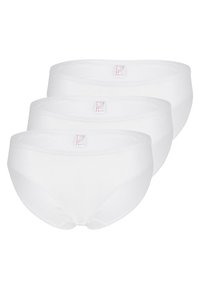 Pantaloni intimi bianchi in cotone in confezione da tre, con un design semplice, texture liscia e una cintura elastica. Le etichette sono visibili su ogni paio.