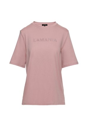 Růžové bavlněné tričko s krátkými rukávy, zdobené vyšitým logem "LAMANIA" ve stejném odstínu. Jednoduchý, uvolněný střih.