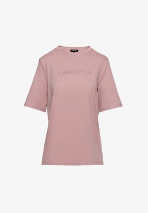 Ružové bavlnené tričko s krátkymi rukávmi, so vyšívaným logom "LAMANIA" v ladiacej farbe. Jednoduchý, voľný strih.