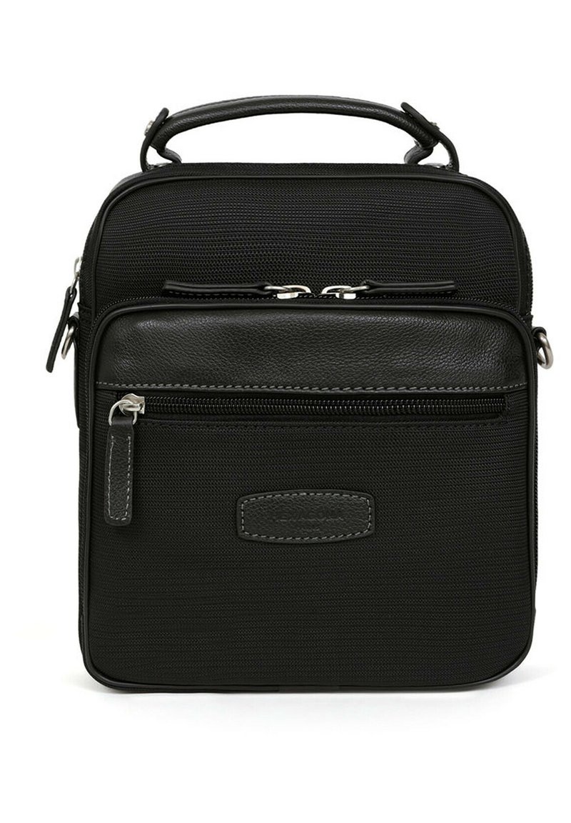 Borsa nera realizzata in tessuto texturizzato con una maniglia superiore imbottita, due scomparti con zip e una piccola tasca frontale con rifiniture in pelle.