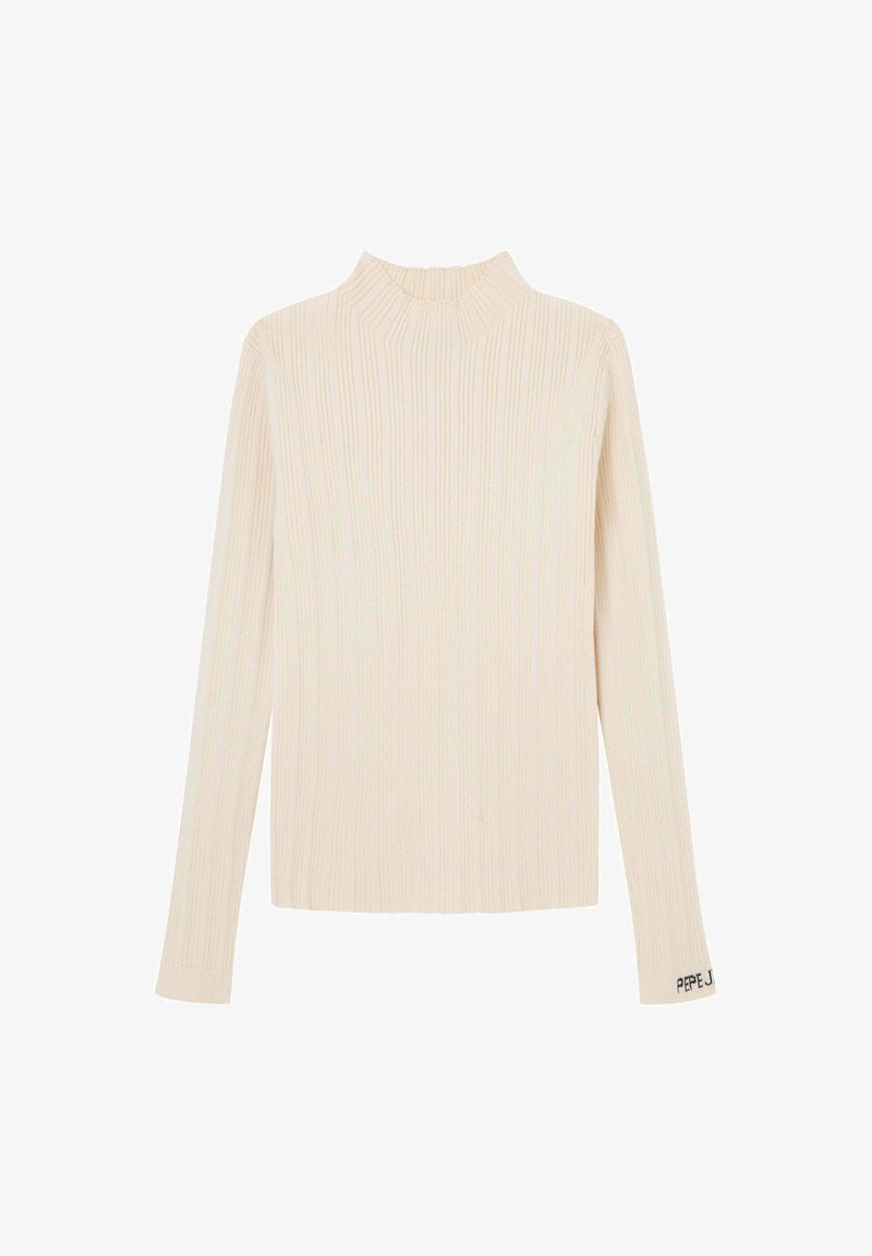 Pull à col roulé côtelé couleur crème avec des manches longues et un détail de logo sur le poignet. Le matériau semble doux et texturé.