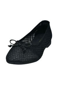 Schwarze Ballerinas mit einem Netzmuster, weichem, rundem Zehenbereich und einer dekorativen Schleife vorne. Glatte Innenauskleidung und niedriger Absatz.