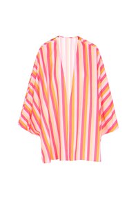 Stripet kimono i pink, orange og gul. Lavet af letvægtigt stof, har brede ærmer, åben front og en afslappet silhuet.