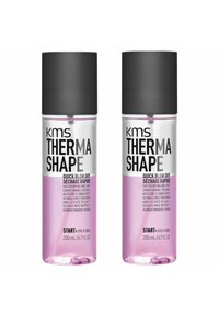 KMS Therma Shape Quick Blow Dry Spray, zwei 200 ml transparente Flaschen mit schwarzen Deckeln, enthält rosa Flüssigkeit und mehrsprachigen Text auf den Etiketten.