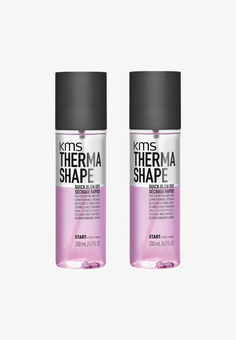 KMS Therma Shape Quick Blow Dry spray, two 200 mL transparent bottles with black caps, features pink liquid and multi-language text on labels.