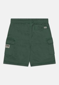 Pantaloni cargo verdi realizzati in tessuto leggero, con vita elasticizzata, tasche laterali e un'etichetta del marchio sul lato sinistro.