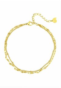 Złota bransoletka z różnymi stylami łańcuchów, w tym owalnymi ogniwami oraz delikatnymi pasmami, z zapięciem typu lobster i regulowanym przedłużeniem łańcucha.