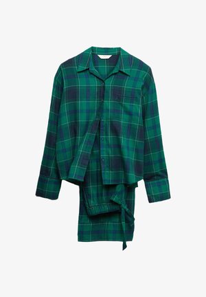 Koszula w kratę i dopasowany zestaw szortów w kolorze zielonym i granatowym. Koszula ma kołnierzyk, guziki i kieszeń na piersi; szorty mają elastyczny pasek w talii oraz sznurek.