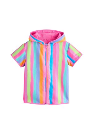 Kurtka z kapturem i krótkimi rękawami w pionowe pasy w pastelowych kolorach różowym, niebieskim, zielonym, pomarańczowym i fioletowym, z zamkiem błyskawicznym z przodu.