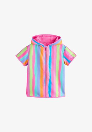 Rövid ujjú kapucnis dzseki függőleges pasztellszínű csíkokkal rózsaszín, kék, zöld, narancs és lila árnyalatban, elöl cipzárral.