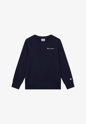 Marineblauwe sweatshirt van een katoenmix, met lange mouwen, ronde hals, geribbelde boorden en een klein wit Champion-logo op de borst.