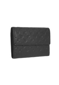 Portafoglio in pelle nera con motivo impressato che presenta piccoli motivi. Design pieghevole con chiusura magnetica; texture liscia e forma rettangolare.