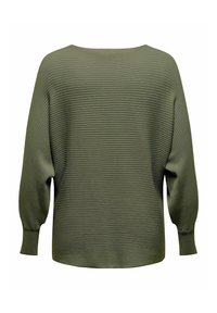Oliwkowy sweter z pulowerem o fakturowanym prążkowanym wzorze i lekko bufiastymi długimi rękawami, widziany z tyłu.